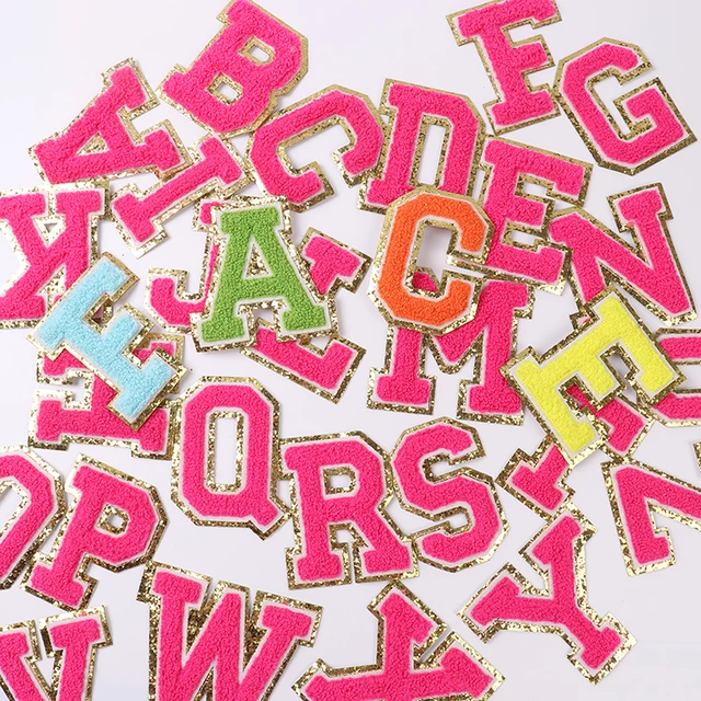 Hot Pink Chenille Iron On Gold Glitter Letter Patches – Scratch Decor